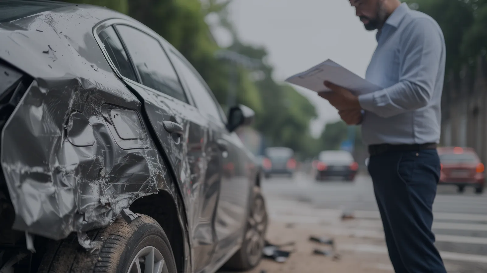 Schade-expert beoordeelt een beschadigde auto